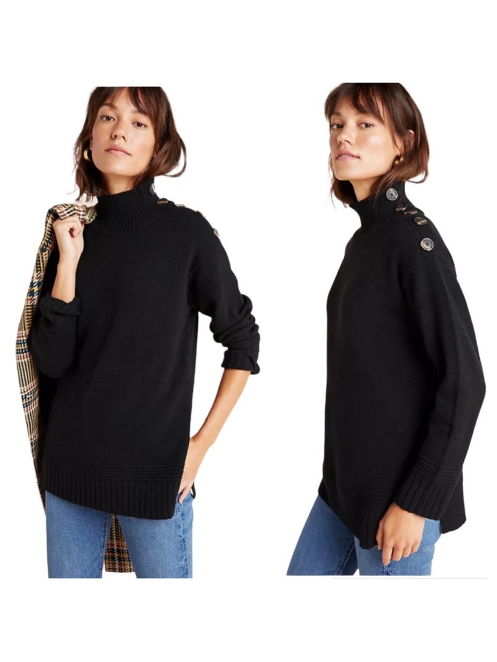 Anthropologie Margarita Mock Neck Button Shoulder Sweater Black Women Medium